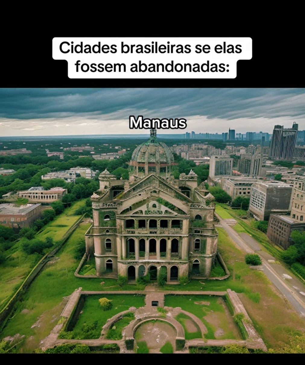 Como nas outras capitais, a vegetação toma conta, com aspecto de total abandono. Al falta de veículos e transeuntes ressaltam o que pode ser uma cidade sem qualquer cuidado. A arquitetura de um local, que leva cultura e ao povo manauara, aparece descuidada. -Reprodução/TikTok/@huiop