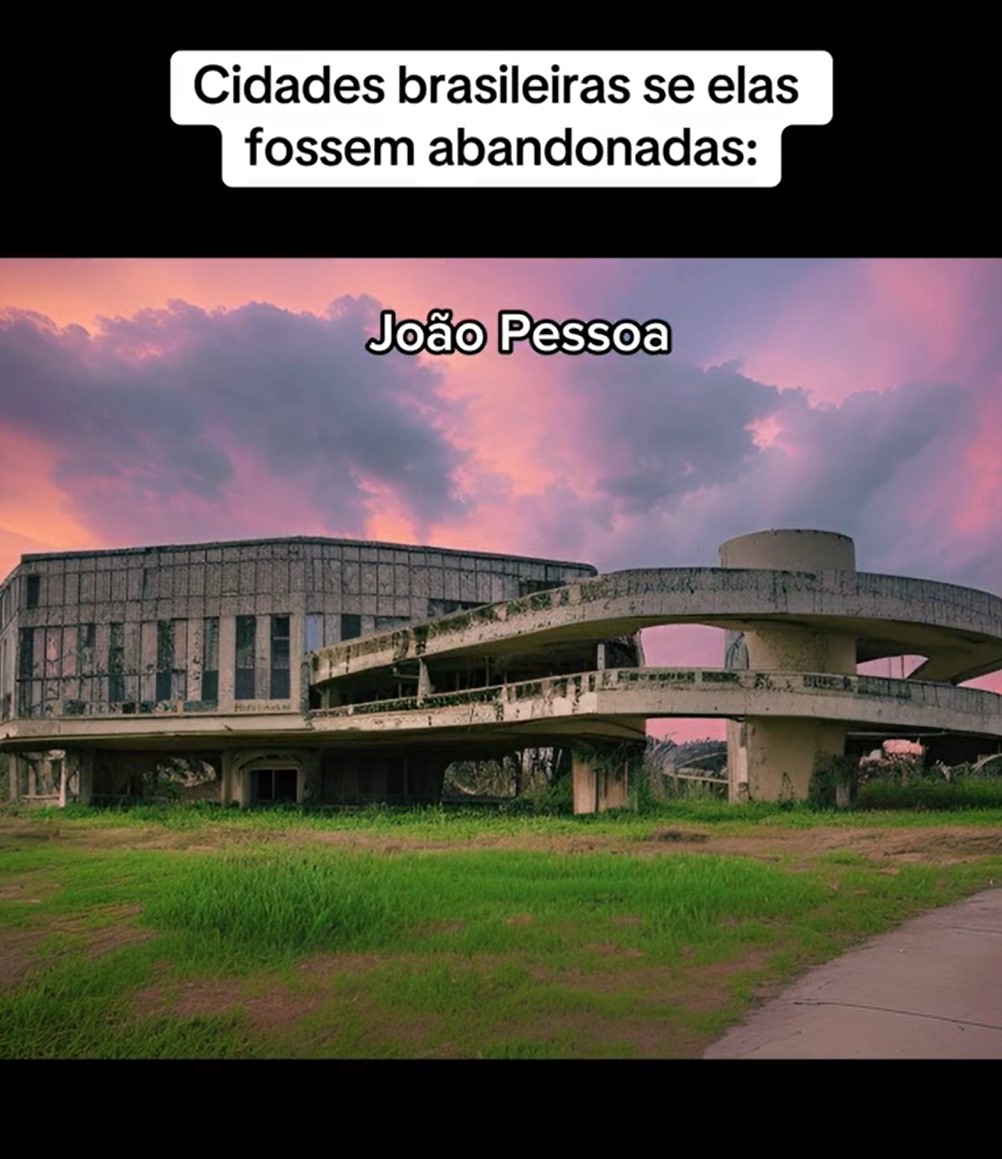 Para exemplificar uma cidade abandonada, o local aparece com rachaduras na estrutura e uma vegetação sem qualquer cuidado. Os espelhos da Estação Cabo Branco aparecem quebrados e a torre sem sua cor predominantemente branca.-Reprodução/TikTok/@huiop