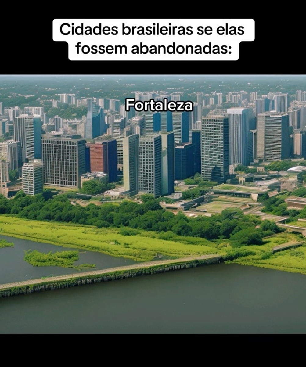 Com auxílio da Inteligência Artificial (IA), o mar escurece, enquanto a areia é tomada pela alta vegetação. Ao fundo, os prédios se tornam lugares escuros e sem condições de moradia.-Reprodução/TikTok/@huiop