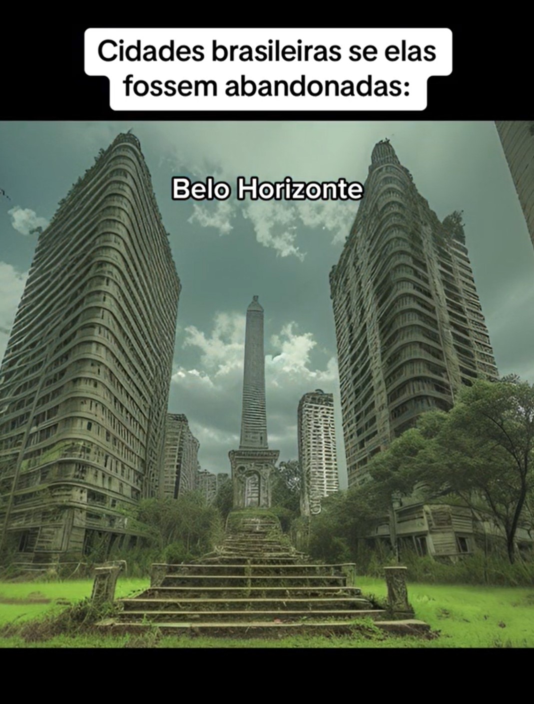Com a Inteligência Artificial (IA), o monumento escurece e fica semelhante a um jazigo de cemitério. Os prédios, na parte de trás, aparecem com a arquitetura toda danificada, semelhante ao ambiente de filmes e séries de terror.-Reprodução/TikTok/@huiop