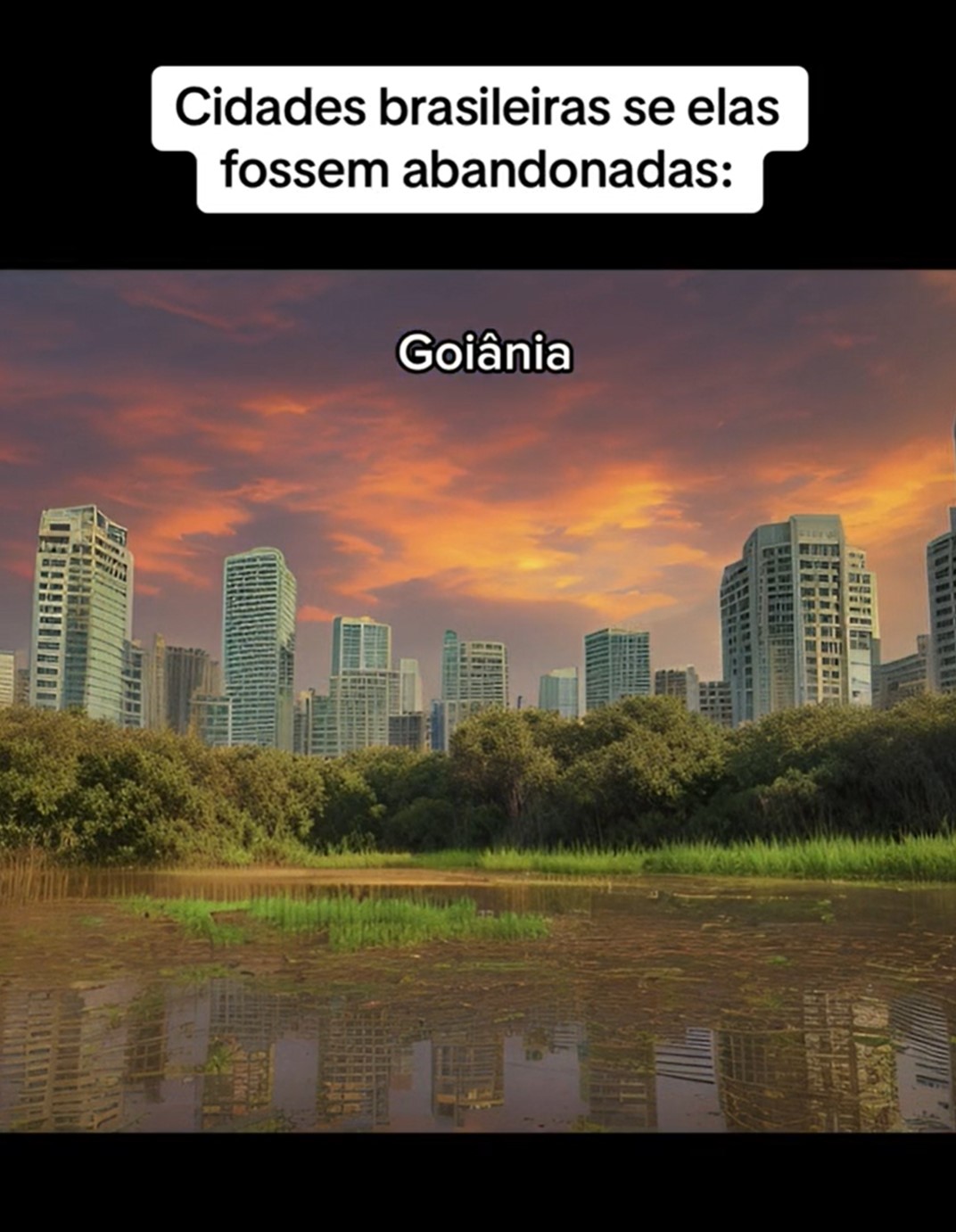 Como uma cidade abandonada, o chafariz desaparece e o bosque se transforma em um verdadeiro pÃ¢ntano. O cÃ©u escurece e as arquiteturas dos prÃ©dios, na parte de trÃ¡s, ficam sem cor e presenÃ§a de moradia.-ReproduÃ§Ã£o/TikTok/@huiop