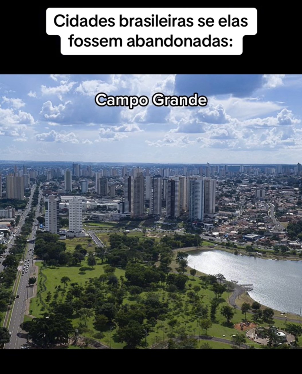 Ao representar o Centro-Oeste, Campo Grande, capital do Mato Grosso do Sul, aparece com sua vegetação viva e uma cidade com automóveis nas ruas. Ao fundo, é possível avistar prédios e moradias, com um ambiente bonito e repleto de vivacidade.-Reprodução/TikTok/@huiop