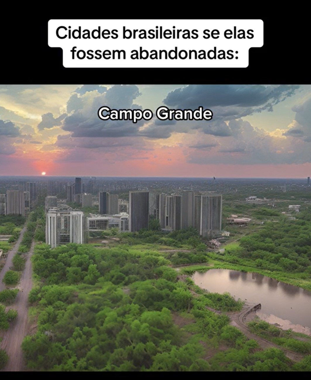 O ambiente é retratado de forma mais escura e a vegetação ganha contornos de descuido e abandono. A capital sul-mato-grossense perde sua vivacidade através da recriação da inteligência articificial (IA)-Reprodução/TikTok/@huiop