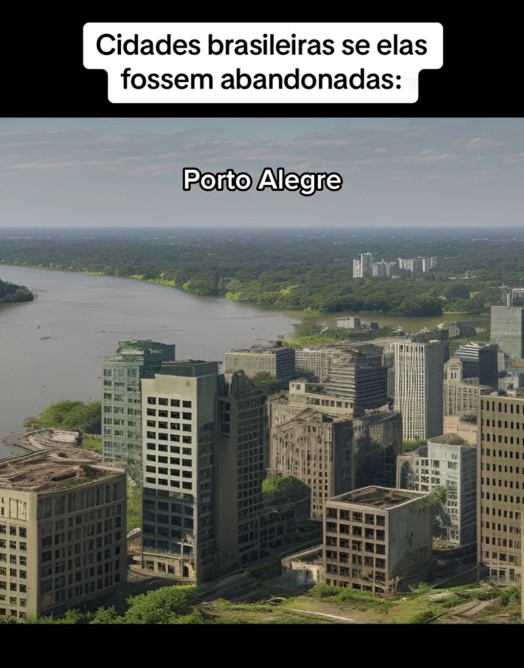 A vegetação toma conta de boa parte da capital, enquanto os prédios aparentam ser ambientes frios e abandonados. A IA retrata uma cidade opaca, sem a vivacidade característica de Porto Alegre. -Reprodução/TikTok/@huiop