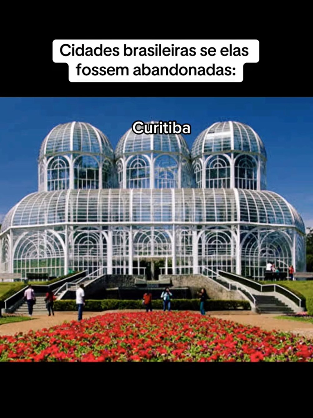 Representando o Sul do país, a imagem de Curitiba é do Jardim Botânico da cidade. O ponto turístico tem o formato de uma estufa tropical, com três cúpulas. Além de uma área arborizada com trilhas e um jardim sensorial. -Reprodução/TikTok/@huiop