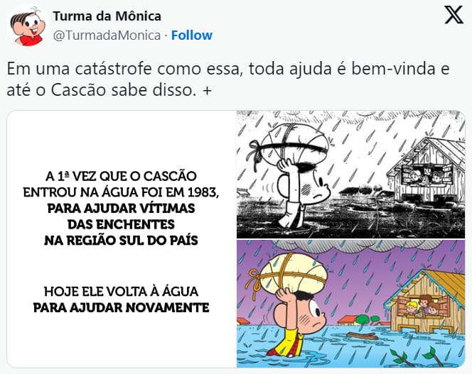 A 1ª vez que o Cascão entrou na água foi em 1983, também para ajudar vítimas das enchentes na região sul do país. Nas redes sociais, o post destacou que apenas em duas ocasiões o personagem se molhou desse jeito. 