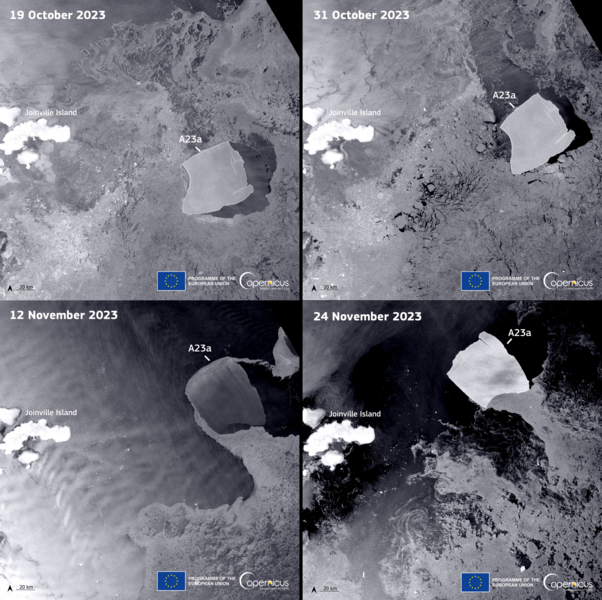 Em novembro de 2023, os cientistas notaram que o imenso pedaço de gelo, chamado de A23a, estava seguindo em direção ao norte, saindo do mar de Weddell, na Antártica.