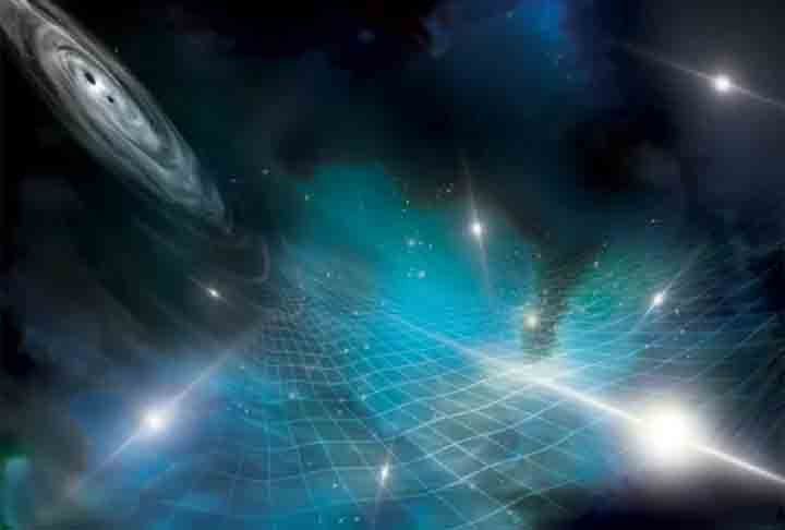 1. Astrônomos detectam imensas ondulações no tecido do espaço-tempo - Ilustração simulando fusão entre buracos negros - Descobertas Científicas