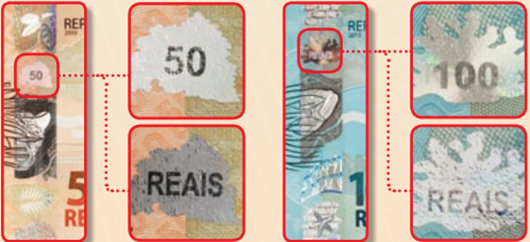 Então, ao movimentar a nota, a pessoa vê os seguintes efeitos nessa faixa: o número do valor da nota e a palavra "REAIS" se alternam; a figura do animal fica colorida; e, na folha (50) ou no coral (100), aparecem diversas cores em movimento.