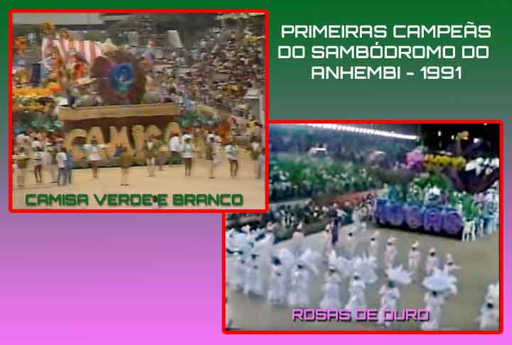 No primeiro ano do Anhembi, em 1991, o Carnaval de São Paulo contou com o título de duas escolas. A Rosas de Ouro, homenageando as mulheres e a Camisa Verde Branco (tricampeã), com o samba-enredo sobre a cerveja, ficaram com o troféu. Curiosamente, as escolas também venceram, juntas, o Carnaval de 1990. -  Reprodução/Youtube