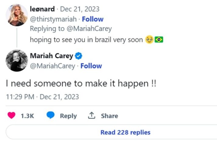 Mariah Carey manifesta desejo de voltar ao Brasil após comentário de fã 