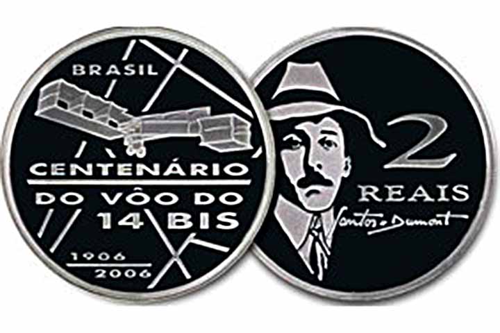 2006: São lançadas 15 mil unidades de moeda de R$ 2 em homenagem ao centenário do voo do 14 Bis.