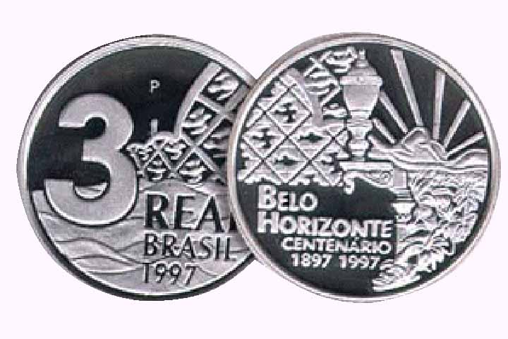 1997: Moeda comemorativa dos 100 Anos de Belo Horizonte. Foram fabricadas 20 mil unidades de R$ 3.