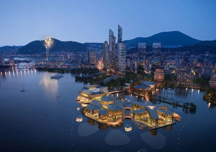 O projeto na Coreia do Sul envolve o Programa das Nações Unidas para Assentamentos Humanos, conhecido como ONU-Habitat, o estúdio de arquitetura BIG (Bjarke Ingels Group) e a empresa de tecnologia Oceanix, que projeta e constrói infraestruturas flutuantes, visando à urbanização sustentável. -Divulgação Oceanix 