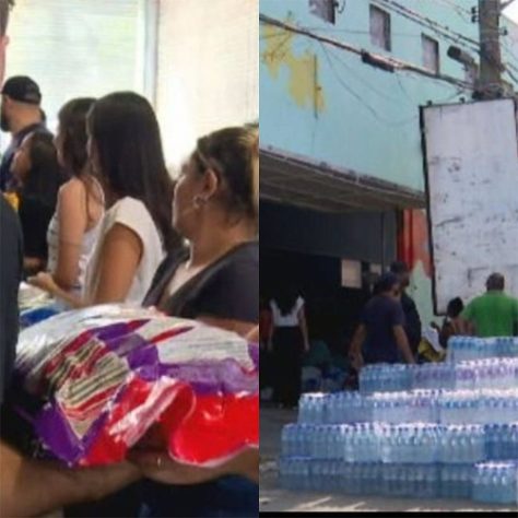 Montagem - voluntários recebem alimentos e água para os animais resgatados no RS
