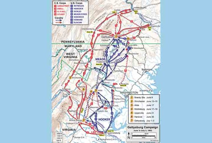 A campanha de Gettysburg (até 3 de julho) com movimentos de cavalaria mostrados com linhas tracejadas. Confederados União - Gettysburg - 