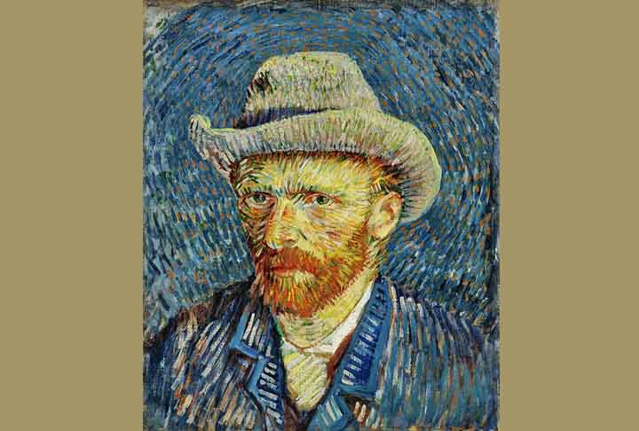 Auto-retrato com chapéu de feltro cinza, inverno de 1887–88. Museu Van Gogh, Amsterdã - Vincent van Gogh - Domínio Público/Wikimédia Commons