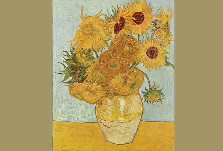 A obra inclui cinco grandes telas dessa flor em um vaso, com tons de amarelo. Para Van Gogh, os girassóis transmitiam gratidão. 