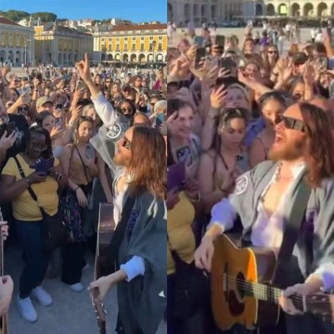 Montagem - Jared Leto se apresenta em praça pública em Lisboa