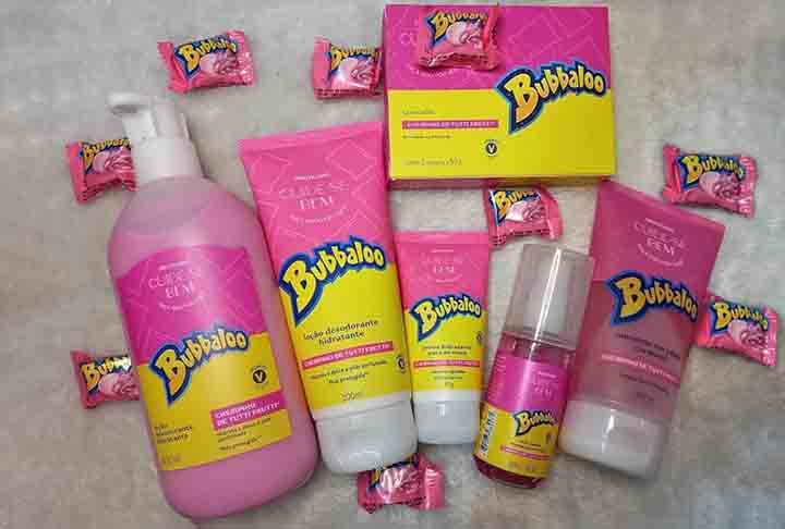 O Boticário e Bubbaloo - Em 2021, a empresa de cosméticos e perfumes adicionou à linha de hidratantes ?Cuide-se Bem? uma versão da marca de chicletes, com fragrância e cores de embalagem que remetem à clássica goma de mascar. 
 -  Divulgação