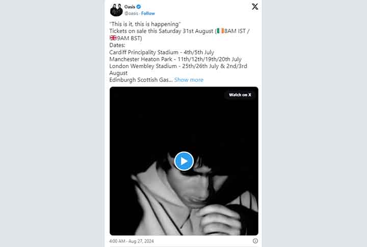 O anúncio oficial do retorno de uma das bandas de maior impacto nos anos 90 foi feito pelo Oasis na madrugada de 27 de agosto de 2024. 
-Reprodução do X @oasis