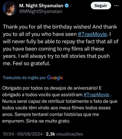 Diretor M. Night Shyamalan faz publicação agradecendo aos fãs por mensagens de aniversário