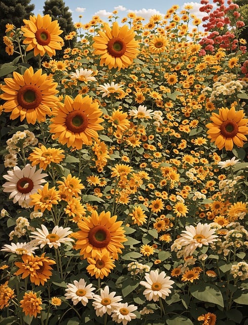 Embora os girassóis mais comuns sejam os amarelos com estatura média de 2 metros, há outras variedades com diferentes características de tamanho, cor e formato do caule e das flores.