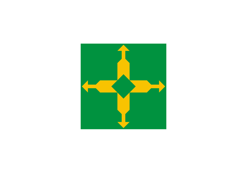 A bandeira de Brasília, no Distrito Federal, foi uma criação do poeta e heraldista Guilherme de Almeida. Ela é composta  pela Cruz de Brasília, ao centro, simboliza a herança indígena e a força que emana do centro em todas as direções. O branco representa a paz e o verde representa as matas da região. -Domínio Público