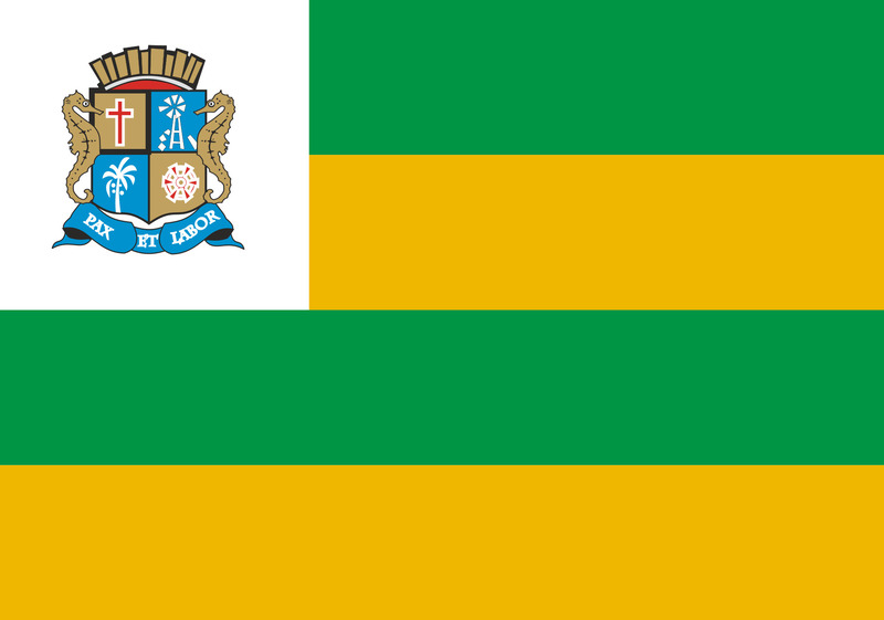 A bandeira de Aracaju, Sergipe, possui um desenho com quatro listras horizontais de mesma largura nas cores verde e ouro intercaladas. Também tem um campo branco com altura e largura equivalente à metade da largura total da bandeira. No centro do campo branco, está o Brasão.-Domínio Público