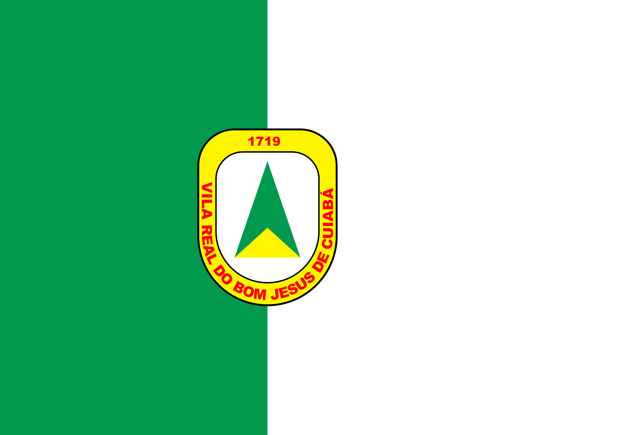 A bandeira de Cuiabá, no Mato Grosso, tem o desenho, que consiste em um retângulo dividido em duas faixas verticais. Uma verde do lado do mastro, e outra branca, na linha divisória entre as duas faixas está um brasão.-Domínio Público
