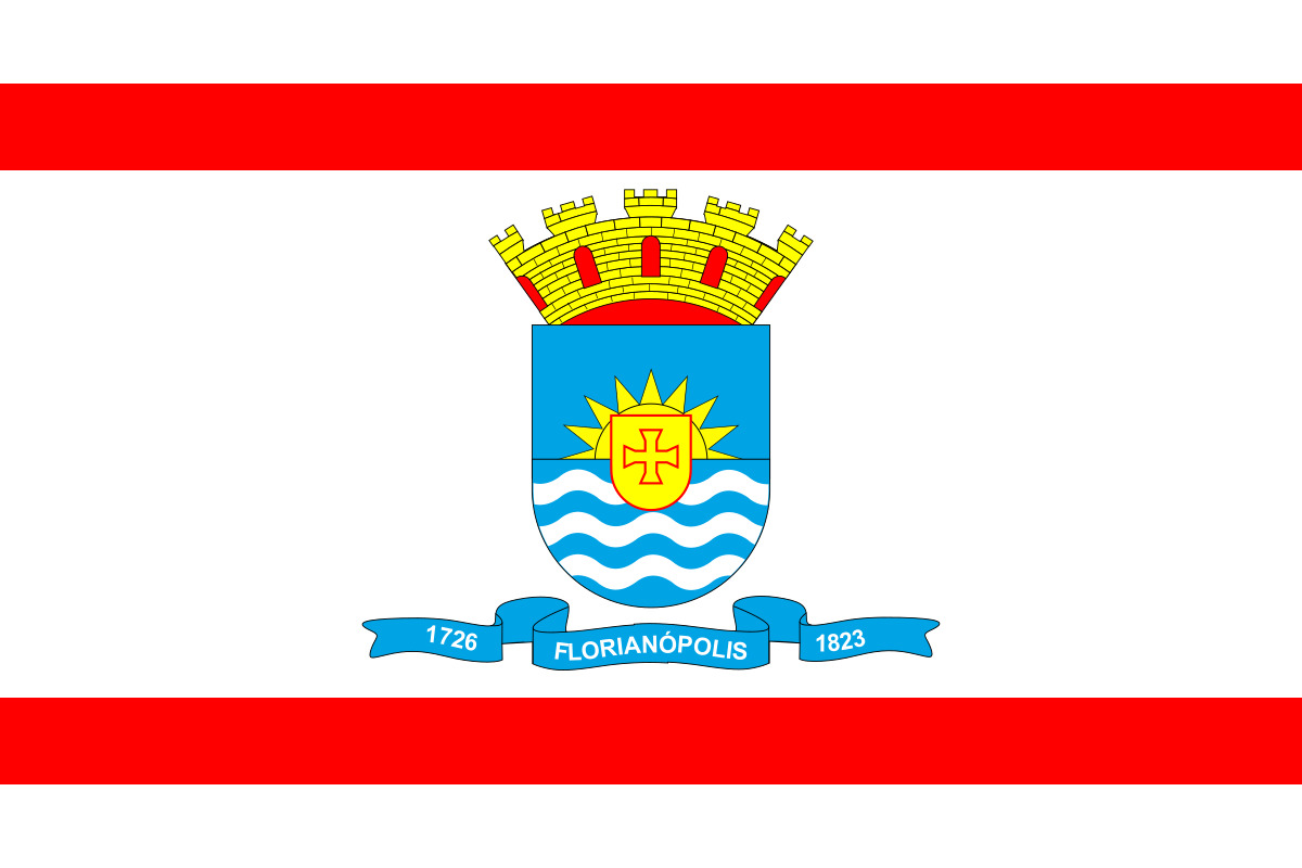 A bandeira de FlorianÃ³polis, Santa Catarina, foi instituÃ­da pela Lei Municipal nÂº 1.409, em 17 de marÃ§o de 1976. Ela Ã© formada por um retÃ¢ngulo branco cortado por duas faixas vermelhas, que sÃ£o as cores do estado. No centro, figura o brasÃ£o de armas municipal.-DomÃ­nio PÃºblico
