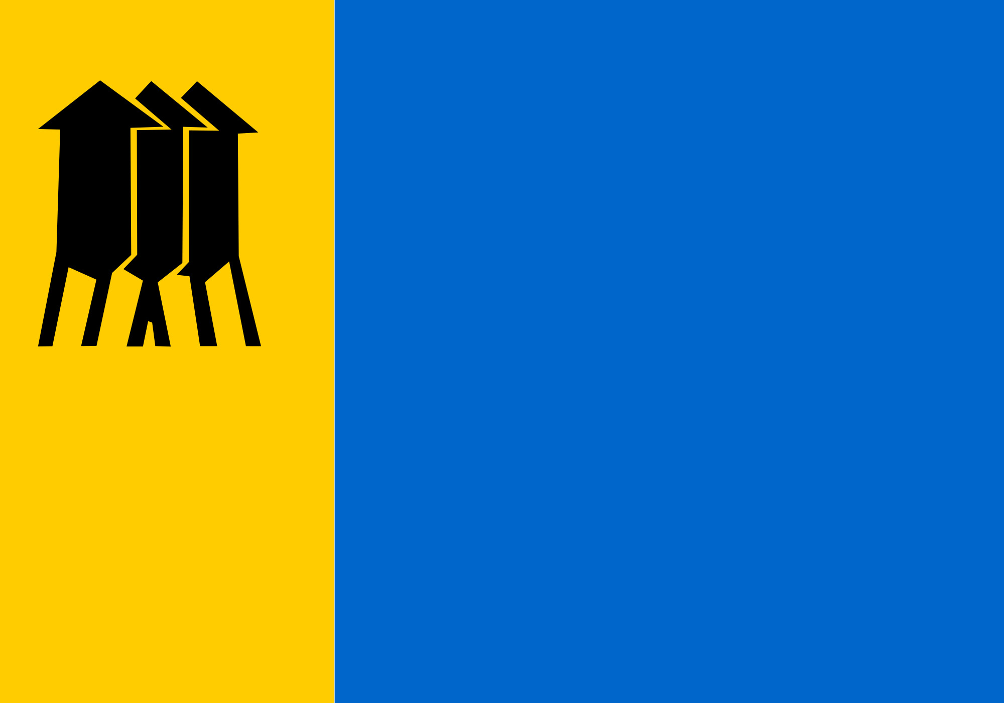 A Bandeira de Porto Velho, Rondônia, tem o desenho que consiste em um retângulo de campo azul com uma faixa vertical na cor ouro do lado do mastro. Na parte superior, há um desenho estilizado na cor preta, que representa as Três Marias, monumento histórico. -Domínio Público