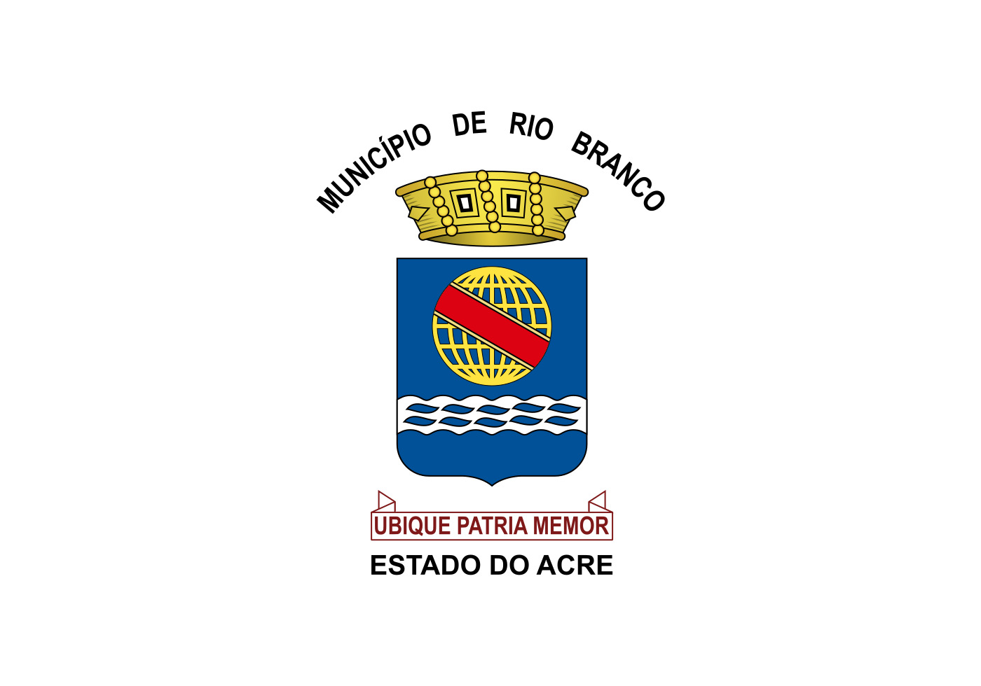 Na bandeira de Rio Branco, no Acre, o desenho consiste em um retângulo de fundo branco no qual está sobreposto o brasão do município.-Domínio Público