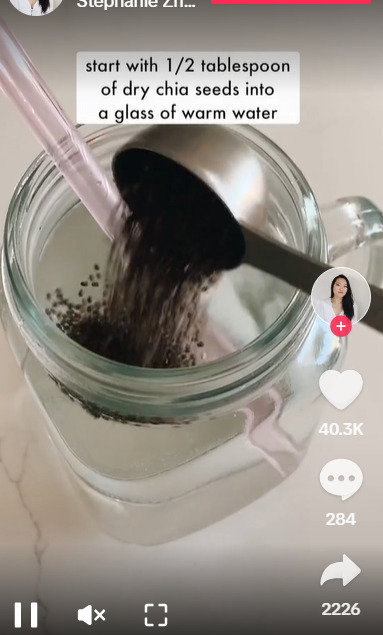 A preparação da bebida é bem simples: basta jogar água quente em uma quantidade de sementes de chia  para que elas formem uma espécie de gel. -Reprodução TikTok
