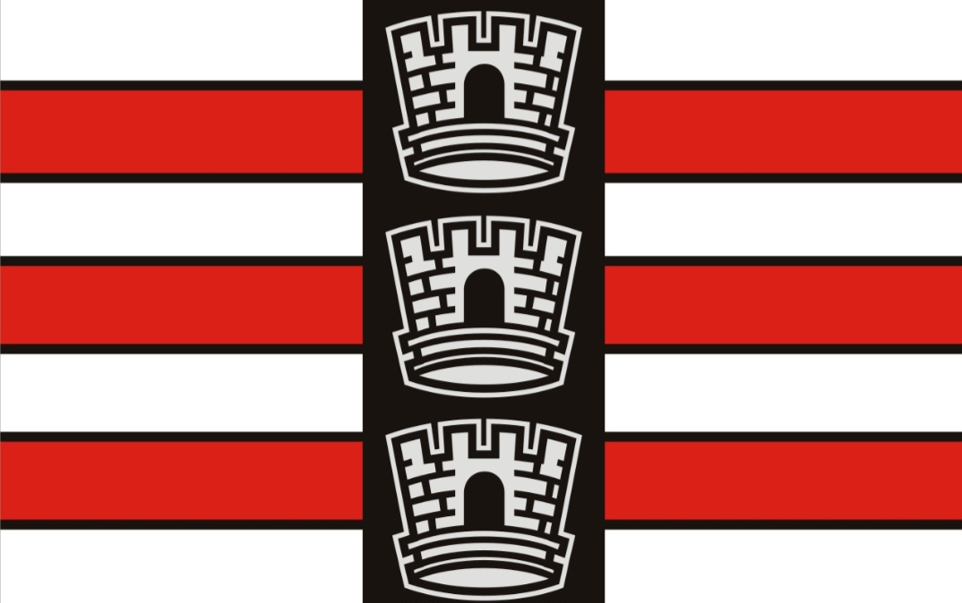 A bandeira de João Pessoa, na Paraíba, tem o desenho, que consiste em um retângulo dividido horizontalmente em 7 faixas, quatro bancas e três vermelhas alternadas. Há também uma faixa vertical preta sobre a qual estão três muralhas com quatro torres em forma de coroa na cor prata.-Domínio público 