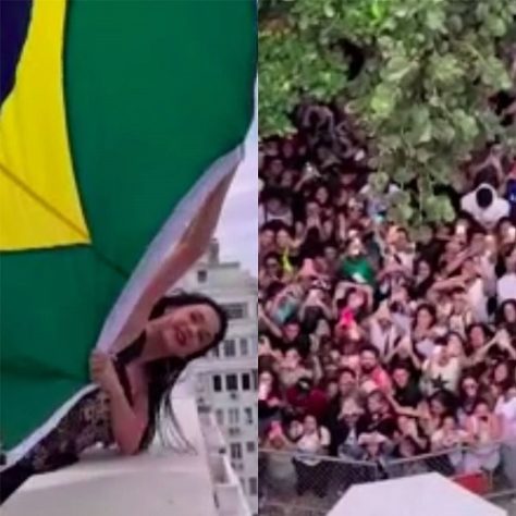 Montagem - Katy Perry segura bandeira do Brasil e interage com fãs no Copacabana Palace