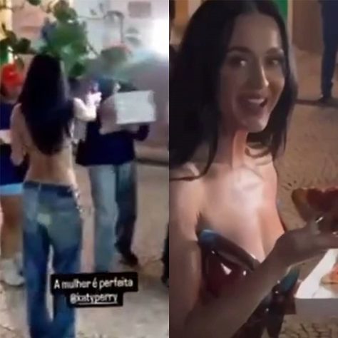 Montagem - Katy Perry distribiu pizza para fãs na porta do Copacabana Palace