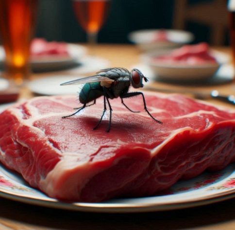 Mosca pousando na carne crua