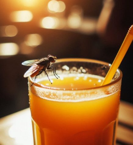 Mosca pousando em copo de suco - 