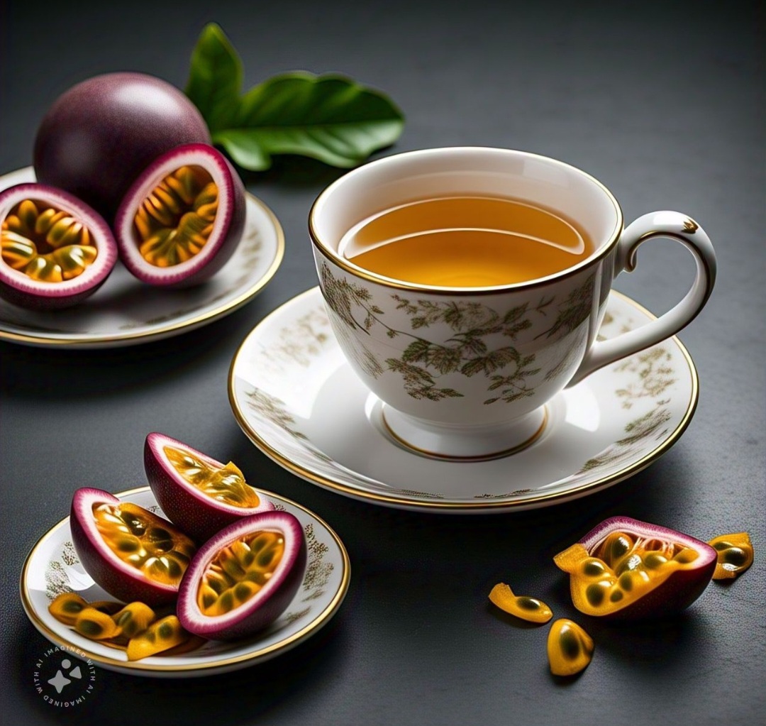Casca de maracujá: Fonte de fibras e compostos relaxantes, seu chá é conhecido por promover calma e combater a insônia. Rico em vitamina C, além de vitamina A e pequenas quantidades de vitaminas do complexo B. - Imagem gerada por i.a.