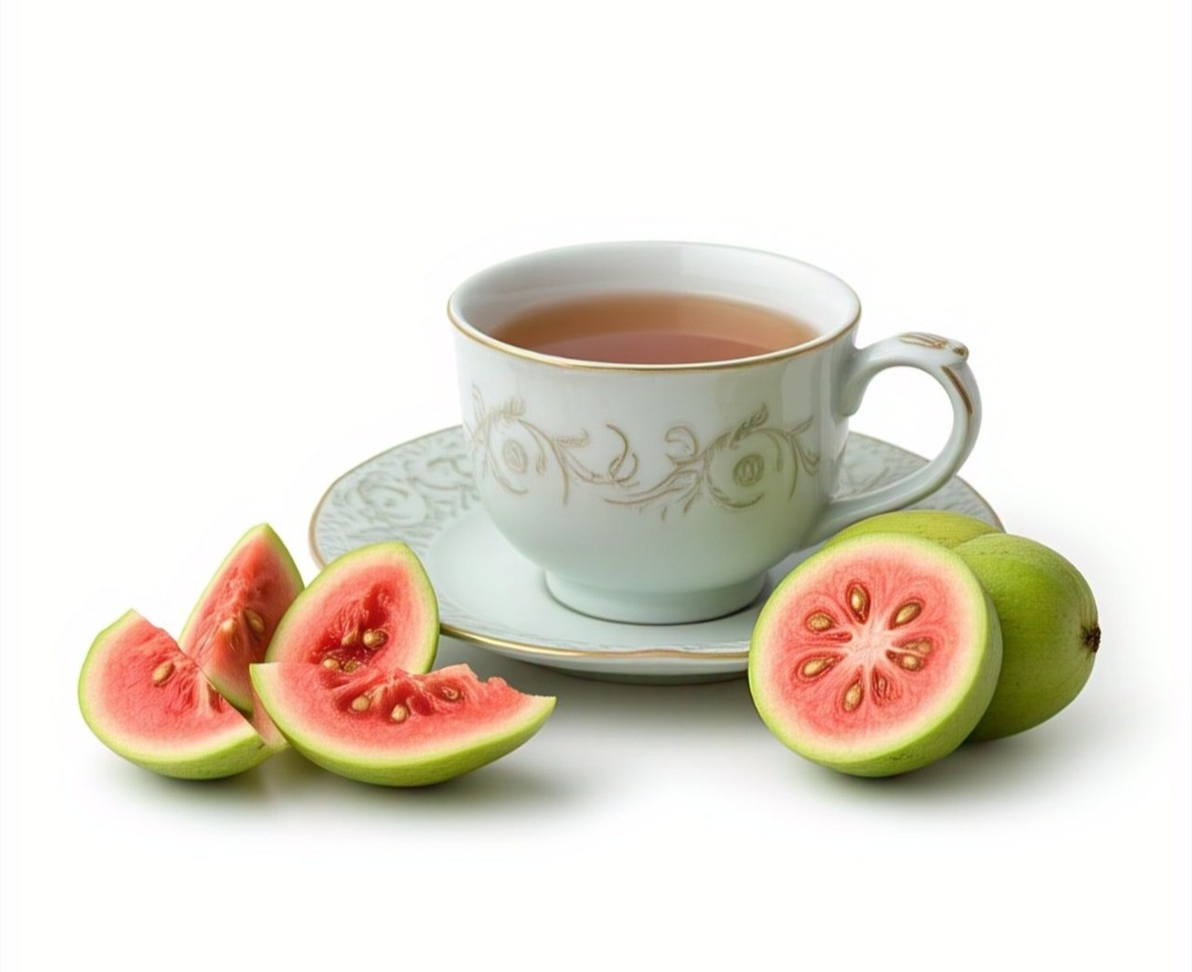 Casca de goiaba:: Seu chá pode ajudar a fortalecer o sistema imunológico e melhorar a saúde da pele. Muito rica em vitamina C, vitamina A e pequenas quantidades de vitaminas do complexo B, como B6 e B9. - Imagem gerada por i.a.