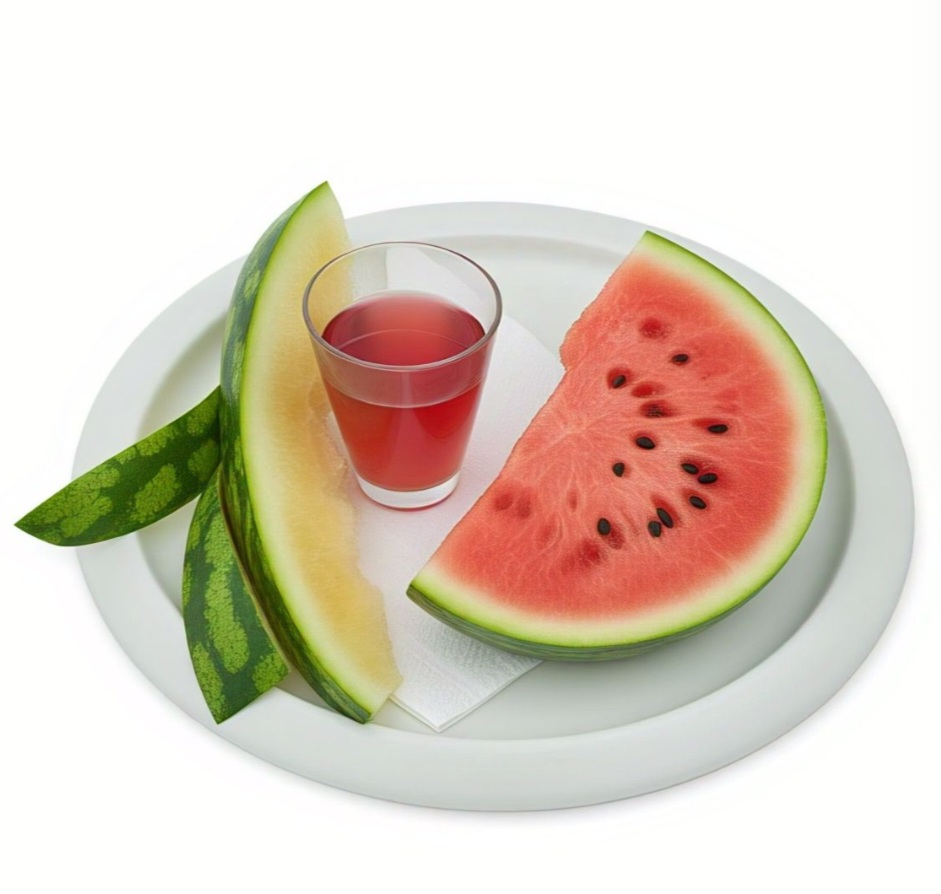 Casca de melancia: Utilizada em sucos, é hidratante e contém citrulina, que pode melhorar a circulação sanguínea. Rica em vitamina A e vitamina C, com traços de vitaminas do complexo B. - Imagem gerada por i.a.