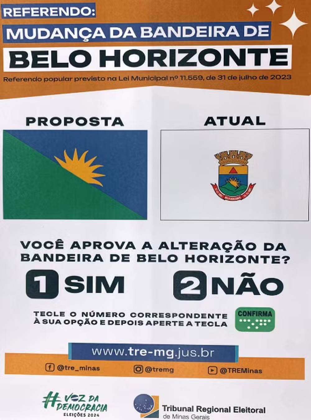 Nas urnas instaladas na cidade havia a pergunta: Você aprova a alteração da bandeira de Belo Horizonte?  E o eleitor deveria para teclar 1 para Sim e 2 para Não. -Reprodução TV Globo
