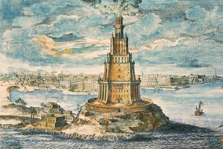 Ilustração do Farol de Alexandria, uma das sete maravilhas do mundo antigo - Domínio Público/Wikimedia Commons