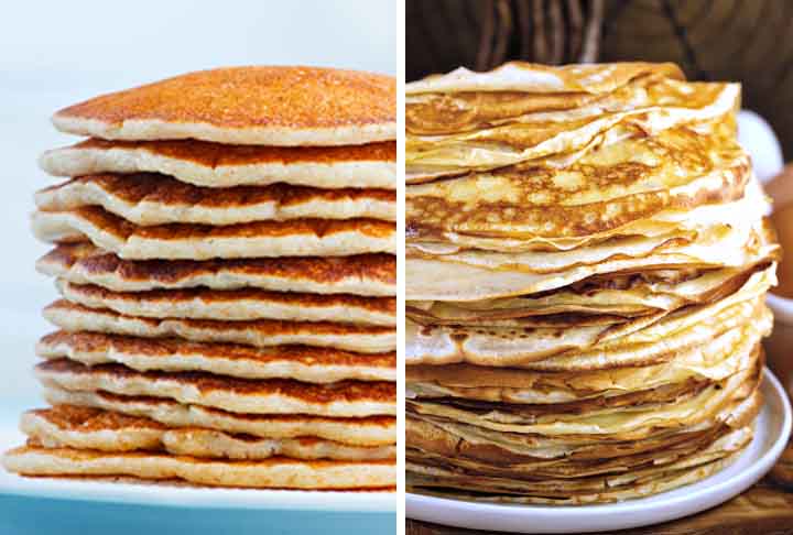 Panqueca: A massa é mais grossa, fofa e leve, geralmente com fermento, o que faz com que cresça e fique mais macia.
Crepe: A massa é fina e lisa, sem fermento, o que a deixa mais delicada e flexível.