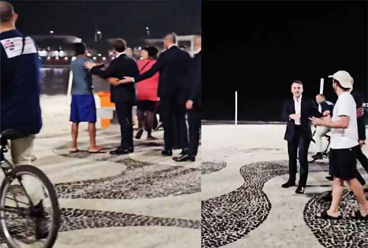 Macron também fez caminhada noturna de terno pela orla da Praia de Copacabana, na Zona Sul, acompanhado de Brigitte Macron, sua esposa.

