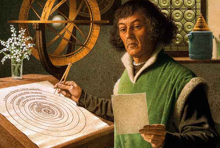 Nicolau Copérnico — Nascido em Toru?, na atual Polônia, no século XV, foi matemático e astrônomo. Desenvolveu a teoria heliocêntrica, segundo a qual a Terra e os demais planetas giram em torno do Sol, contrariando o modelo geocêntrico dominante. Sua obra De revolutionibus orbium coelestium marcou uma revolução na astronomia e na ciência moderna.
