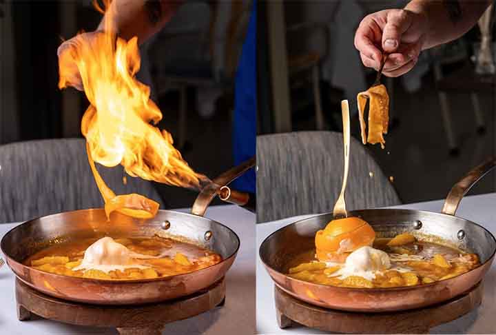 Crêpes Suzette: Com calda flambada de laranja e licor.