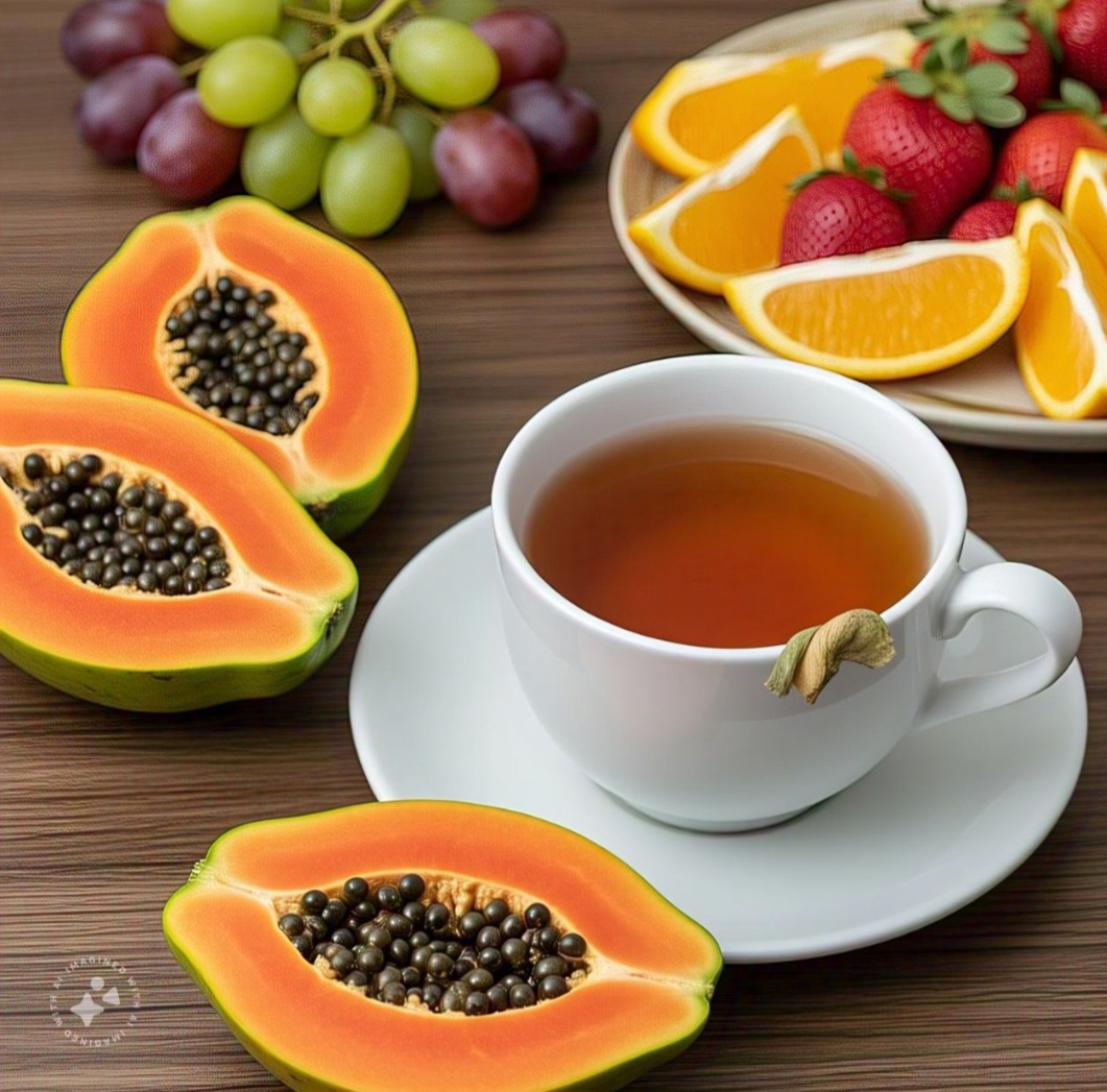 Casca de mamão: Possui enzimas como a papaína, que auxiliam na digestão e ajudam a desinchar. Rico em vitamina A e vitamina C, com pequenas quantidades de vitaminas do complexo B, como B9.
 - Imagem gerada por i.a.