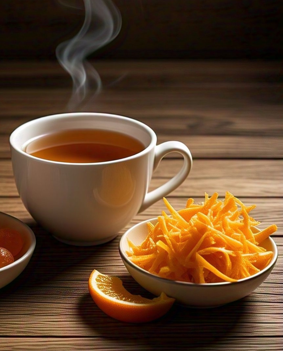 Casca de tangerina: Com compostos que ajudam na saúde respiratória, é usada para aliviar sintomas de gripe e tosse. Rica em vitamina C, com pequenas quantidades de vitamina A e do complexo B, como B1 e B6.
 - Imagem gerada por i.a.
